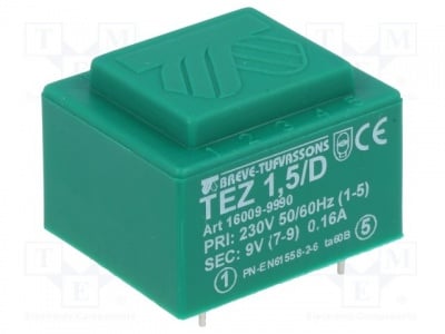 Трансформатор TEZ1.5/D/9V Трансформатор: залят; 1,5VA; 230VAC; 9V; Монтаж: PCB; IP00; 70g